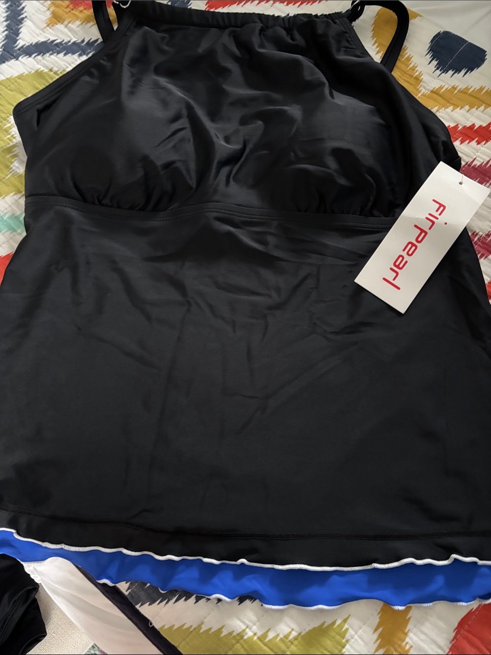 Pearl Black Tankini Top with Blue and White Trim